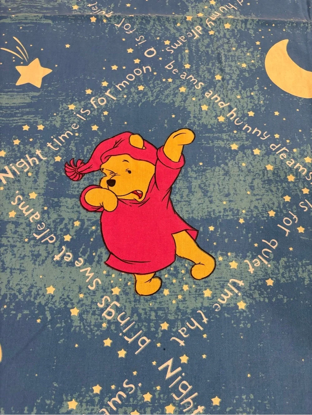 Winnie the Pooh Vintage Disney Blue Twin Flat Sheet Bedtime Nighttime Moon Stars